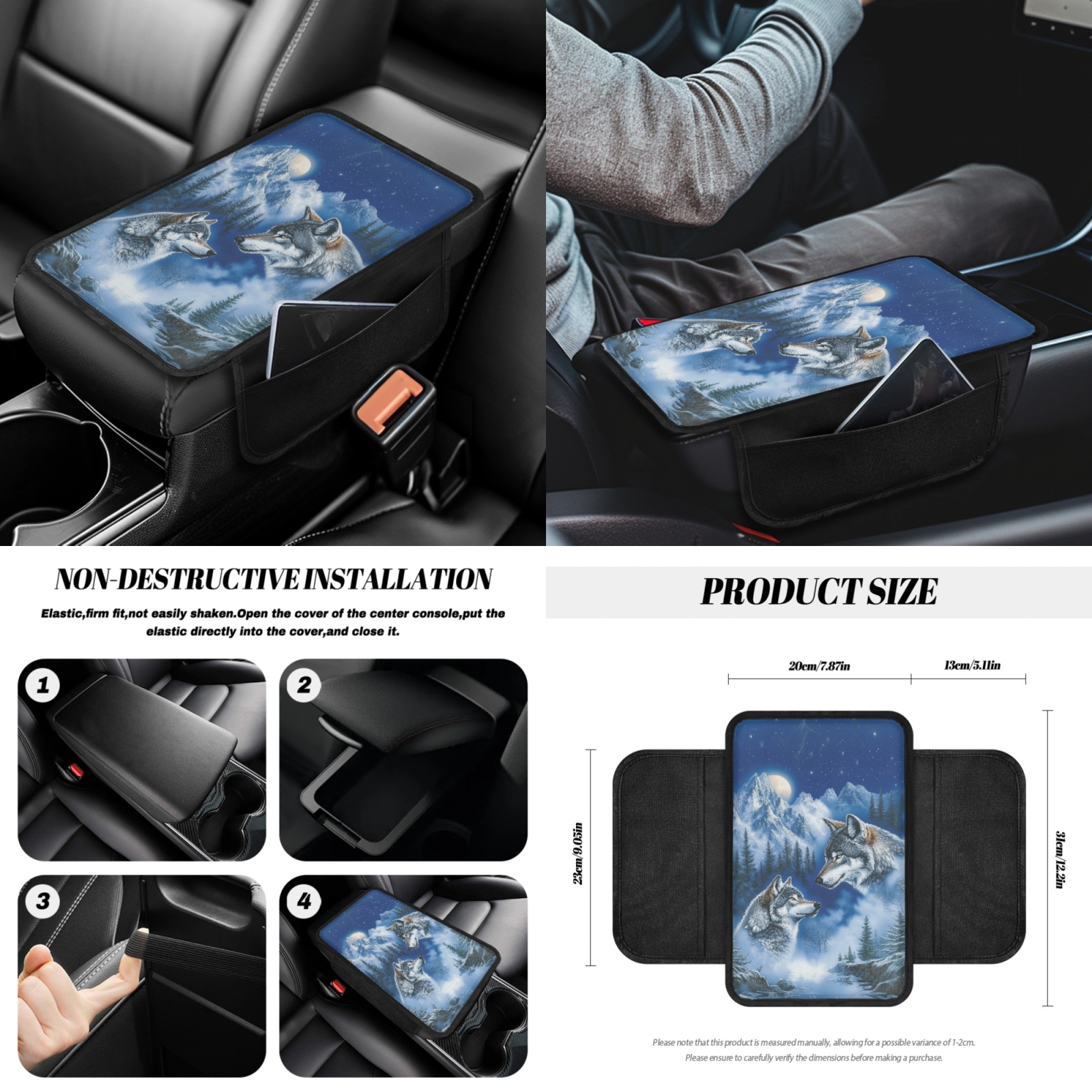 Renewold Wolf Forest Blue 14 PCS Car Seat Covers Set for Men, Auto Seat Protector with Steering Wheel Seat Belt Cover Garbage Bag Armrest Handbrake Rear View Mirror Protector Coasters