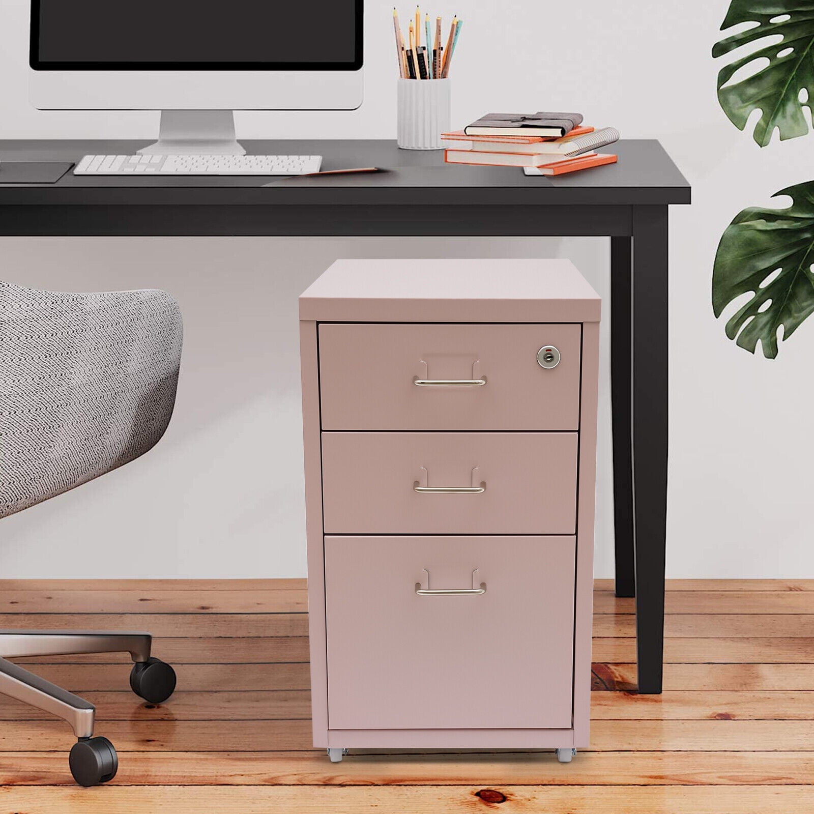Miumaeov 3 Drawers Vertical File Cabinet Pink Locking Filing Storage Cabinet For Home Office