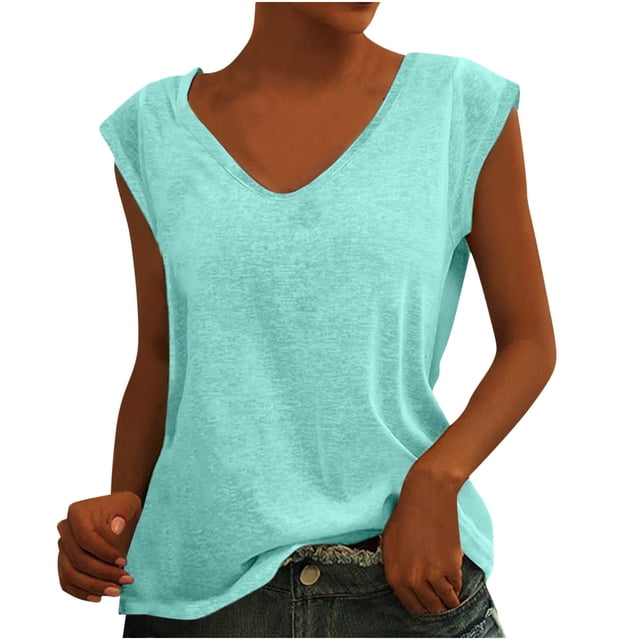 Pompotops Womens Solid Color Cap Sleeve Blouses T-Shirt Casual Loose Fit Basic Shirts Tank Tops