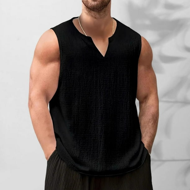 pstuiky Camisetas sin mangas, Top deportivo informal, transpirable, elástico y de color liso para hombre con cuello en V Tops elegantes para mujer m