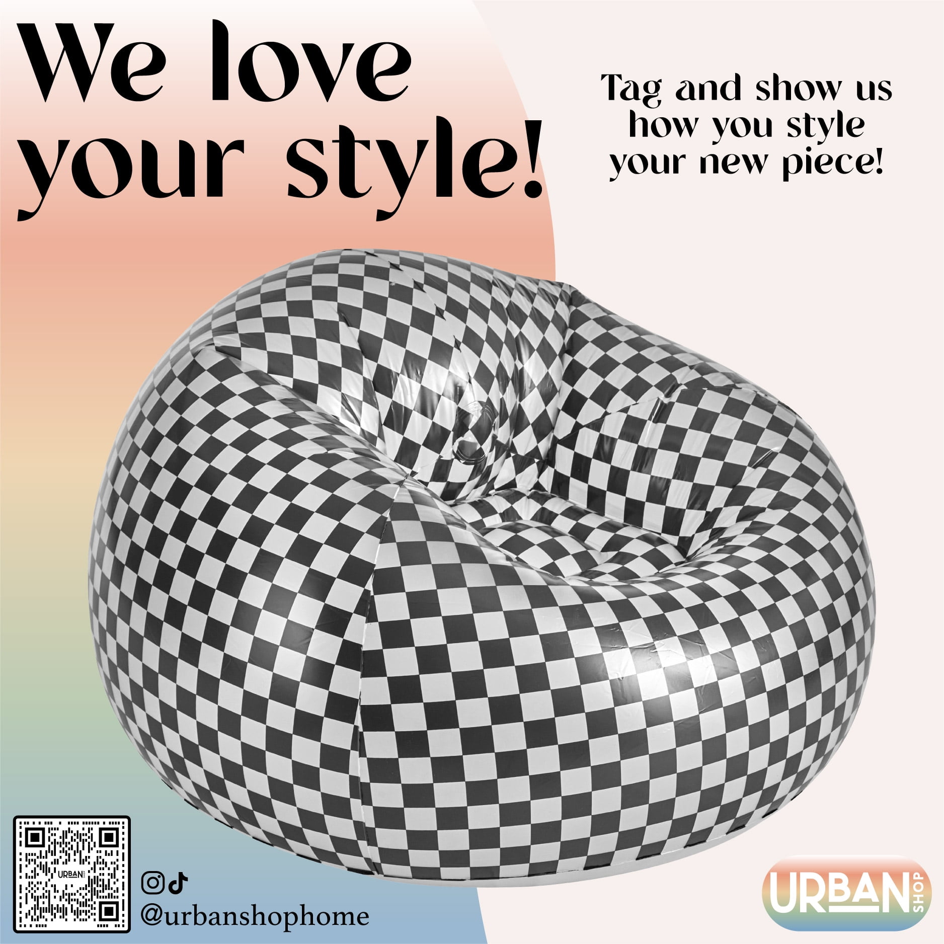 Black/White Inflatable Urban Shop Chair, Teens and Adults