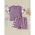 thumbnail image 5 of Yunliwuli Infant Girls Summer Clothes Outfits Checkerboard Patchwork Crew Neck Short Sleeve T-Shirts and Elastic Waist Shorts Suit, 5 of 10