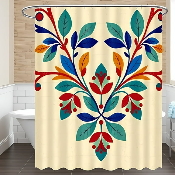 Vibrant Floral Shower Curtain Bold Teal Red & Orange Design on Cream Background Vintage Folk-Art Style for a Playful Bathroom Decor