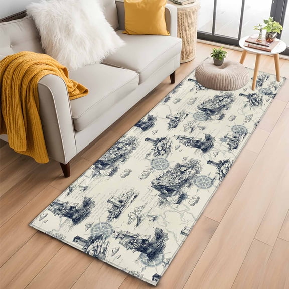 Nautical Ship 2'x6' Runner Rugs for Hallway Kitchen Bedside Non Slip, Retro Coastal Ocean Lighthouse Mountain Map Entryway Rug Runners with Rubber Backing, Long Carpet Runner for Laundry Room