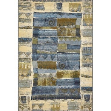 Unique Loom Glyph Indoor/Outdoor Modern Rug Blue/Beige 5' 3" x 8' Rectangle Textured Geometric Modern Flatweave Perfect For Patio Deck Garage Entryway