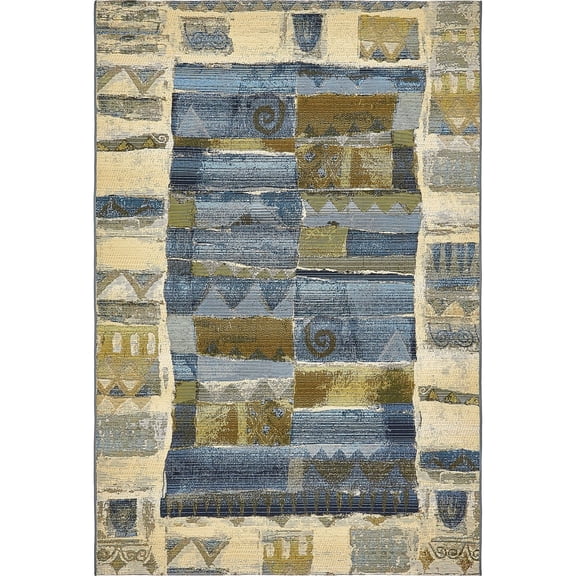 Unique Loom Glyph Indoor/Outdoor Modern Rug Blue/Beige 5' 3" x 8' Rectangle Textured Geometric Modern Flatweave Perfect For Patio Deck Garage Entryway