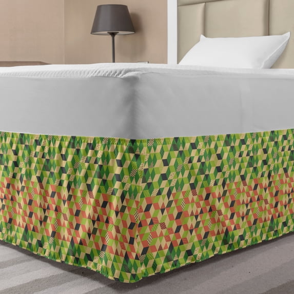 Mosaic Bed Skirt, Creative Modern Colorful Cubic and Triangular Shapes, Elastic Bedskirt Dust Ruffle Wrap Around for Bedding Decor, 4 Sizes, Salmon Fern Green, by Ambesonne