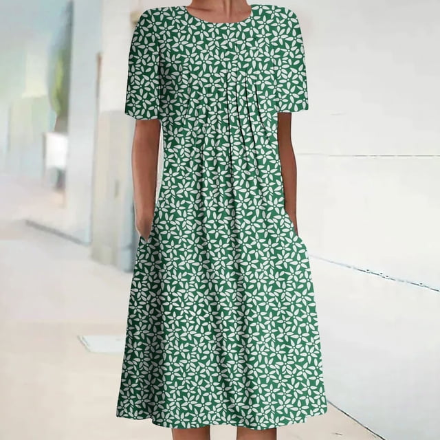 Robes Maxi pour Femmes Été Imprimé Bohème Manches Courtes Robe de Plage Longueur Genou Robe Manches Courtes en Solde