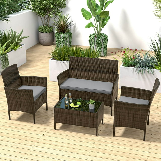 Costway 4 PCS Patio Furniture Set with Washable Cushions and Tempered Glass Coffee Table Grey