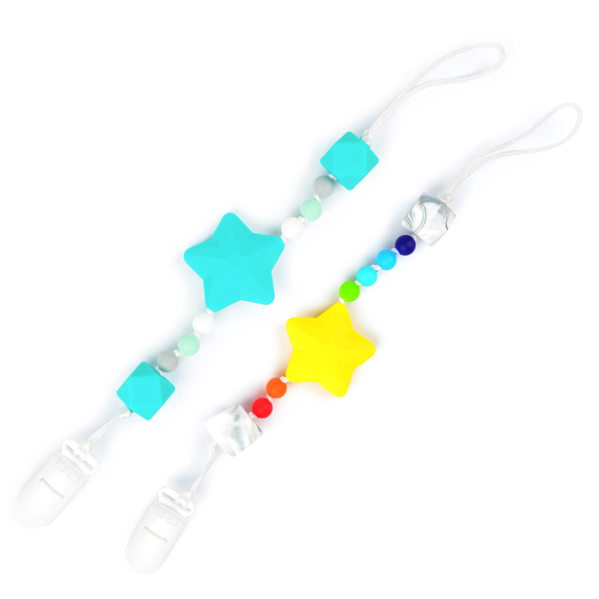Turquoise & Rainbow Stars Pacifier Clip 2pk