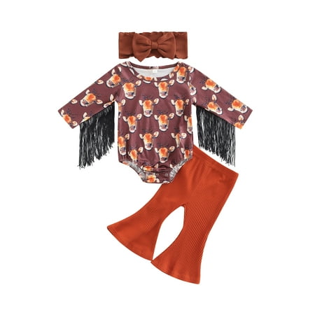 

COUTEXYI 3Pcs Baby Girl’s Clothe Set Cow Head Tassel Long Sleeve Romper Flared Trousers Headband