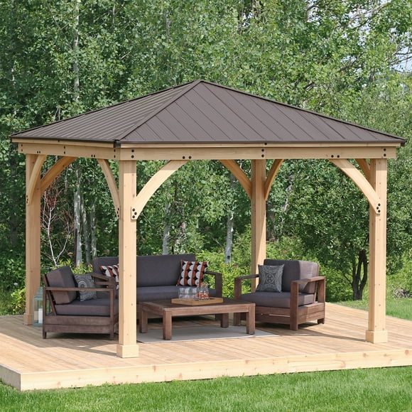 Yardistry 12' x 12' Meridian Gazebo – Premium Cedar Wood Structure with Coffee Brown Aluminum Roof and 6" x 6" Posts