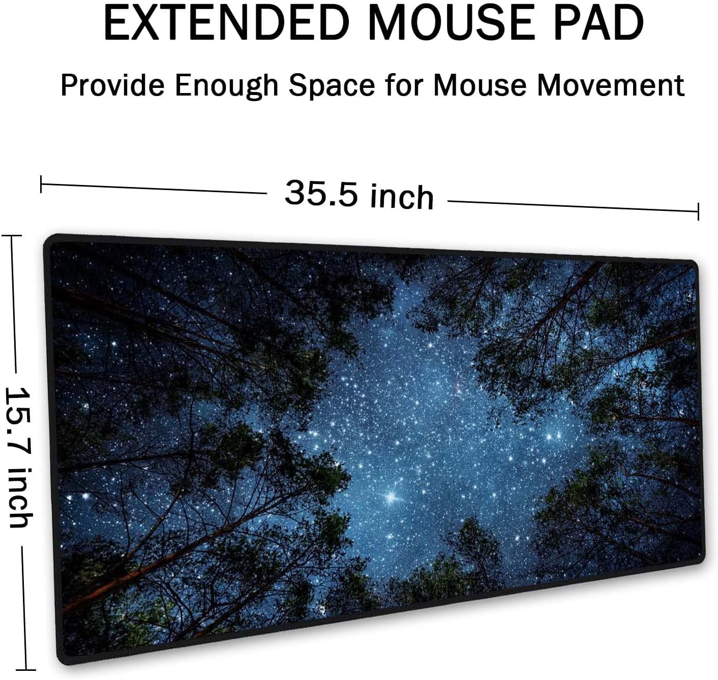 The Milky Way and The Trees Mouse Pad 35.4 x 15.7 Inch XXL Night Sky Full Desk Mousepad Extended Large Non-Slip Rubber Base Waterproof Big Keyboard Mat with Stitched Edges for Gaming and Office
