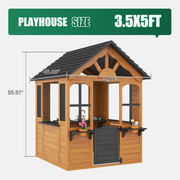 Dateyes S5-A Wooden Kids Playhouse 4x4FT Brown Gable Roof, Indoor Outdoor Play Cottage with Complete Kitchen Toys