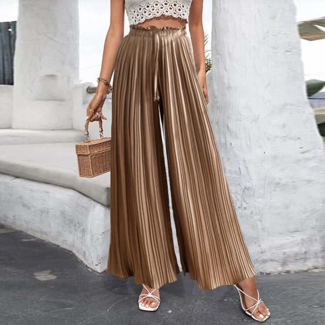 Puntoco Moda Mujer Casual Cintura Alta Cintura Elástica Correas Con Cordón Color Sólido Drapeado Plisado Pierna Ancha Pantalones Largos Puntoco Puntoco-2470