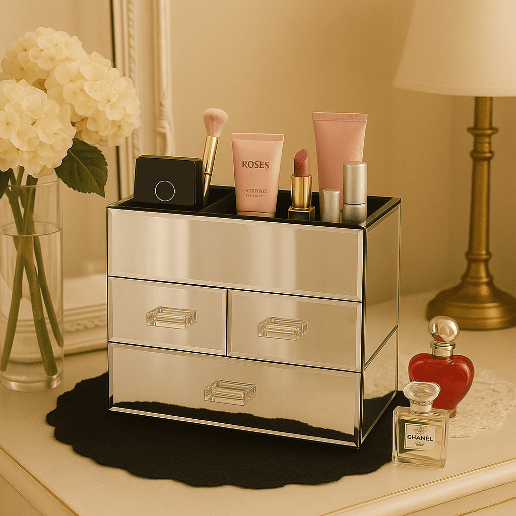 OnDisplay Miro 3 Drawer Mirrored Glass Makeup & Jewelry Organizer – Tiered Vanity Storage Box with Drawers and Velvet Lined Compartments (Silver)