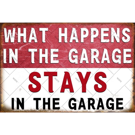 Noete 8x12 Inch Funny Mechanic Metal Tin Sign "What Happens in The Garage " for Man Cave, Bar & Workshop Wall Decor