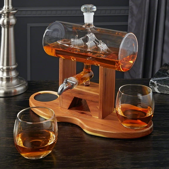Ship in a Bottle Decanter With Two Glasses