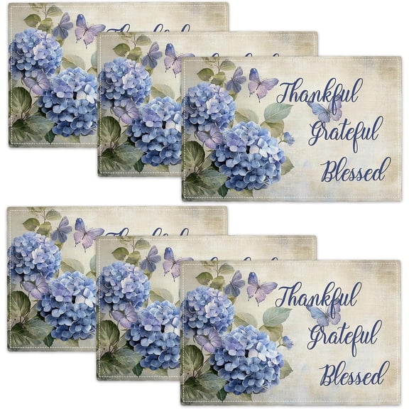 Blue Hydrangea Butterfly Placemats Set of 6, Flowers Table Mats Washable Place Mats for Farmhouse Home Party Kitchen Dining Indoor Outdoor Restaurants 12x18 Inch