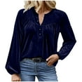 thumbnail image 2 of Craaazy Women's Velvet Tops Long Sleeve V Neck Button Down Shirts Casual Blouses Solid Color Fall Pullover Tops Gifts For Women, 2 of 5