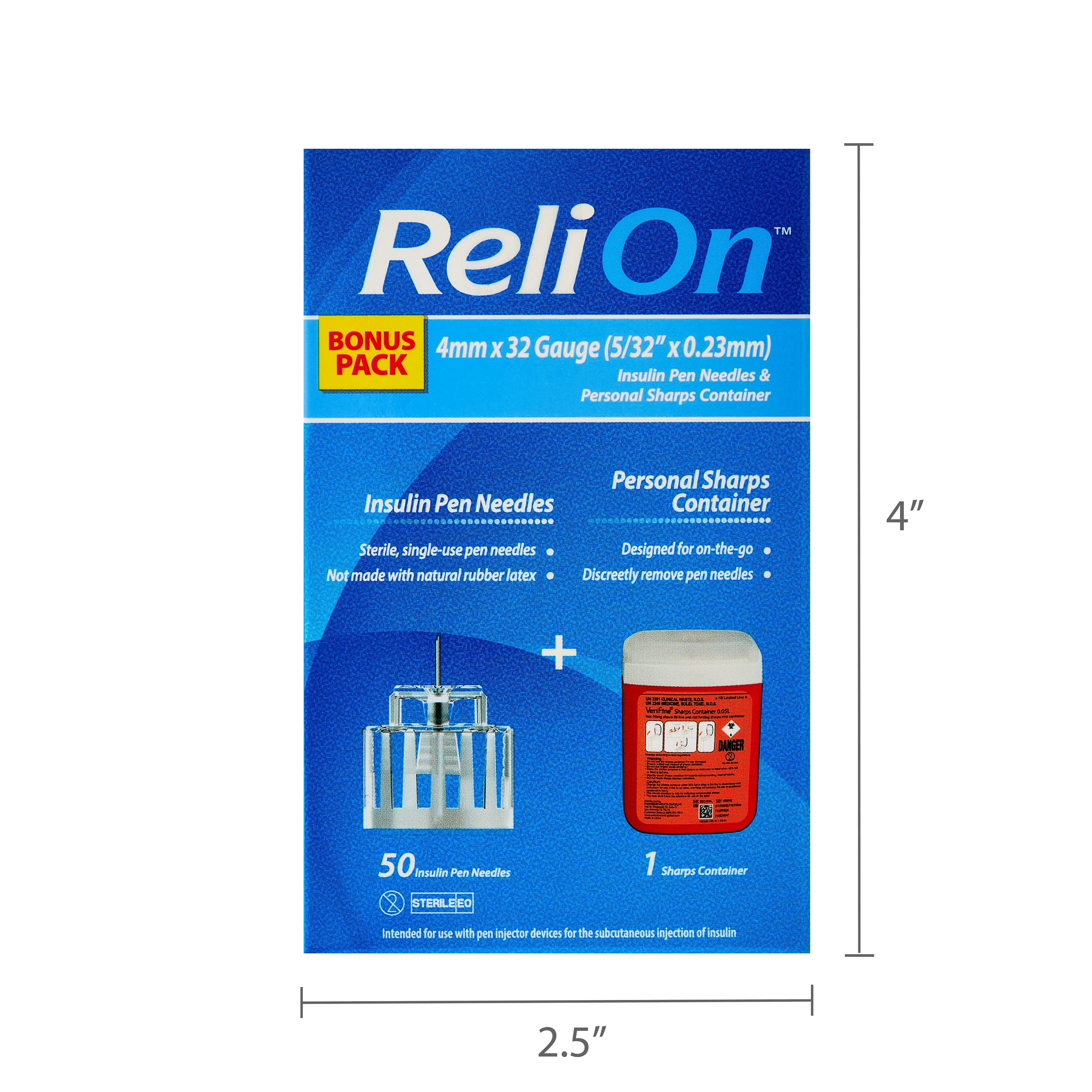 ReliOn Insulin Pen Needles Bonus Pack, 4 mm x 32 Gauge, 50 Count + Sharps Container