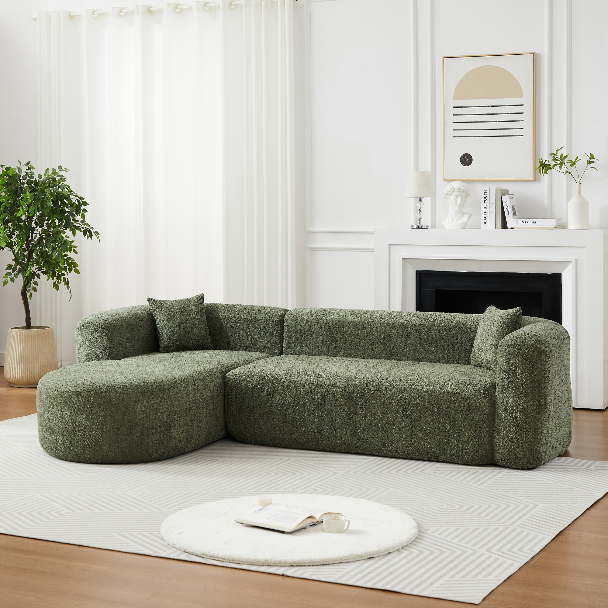 Leumius 109.4" Modern L-Shape Modular Sectional Sofa, Luxury Modern Curved Back Sofa with 2 Throw Pillows, Minimalist Boneless Cloud Couch Green