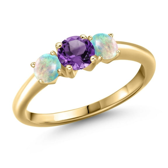 Gem Stone King 10K Yellow Gold Purple Amethyst and Simulated White Opal Engagement Ring for Women | 0.98 Cttw | Round 5MM | Gemstone February Birthstone | Size 7