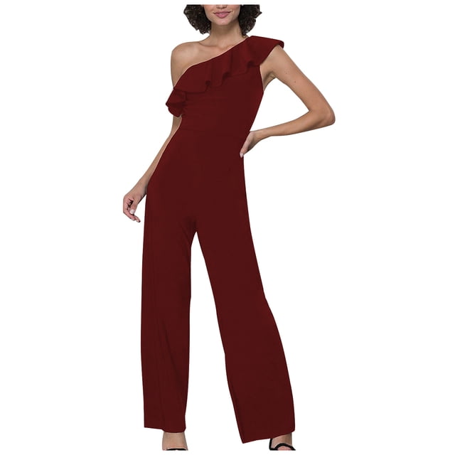 Yuyuzo Women Rompers 1 Shoulder Sleeveless Ruffle High Waist Loose Wide Leg Pants Elegant Jumpsuits