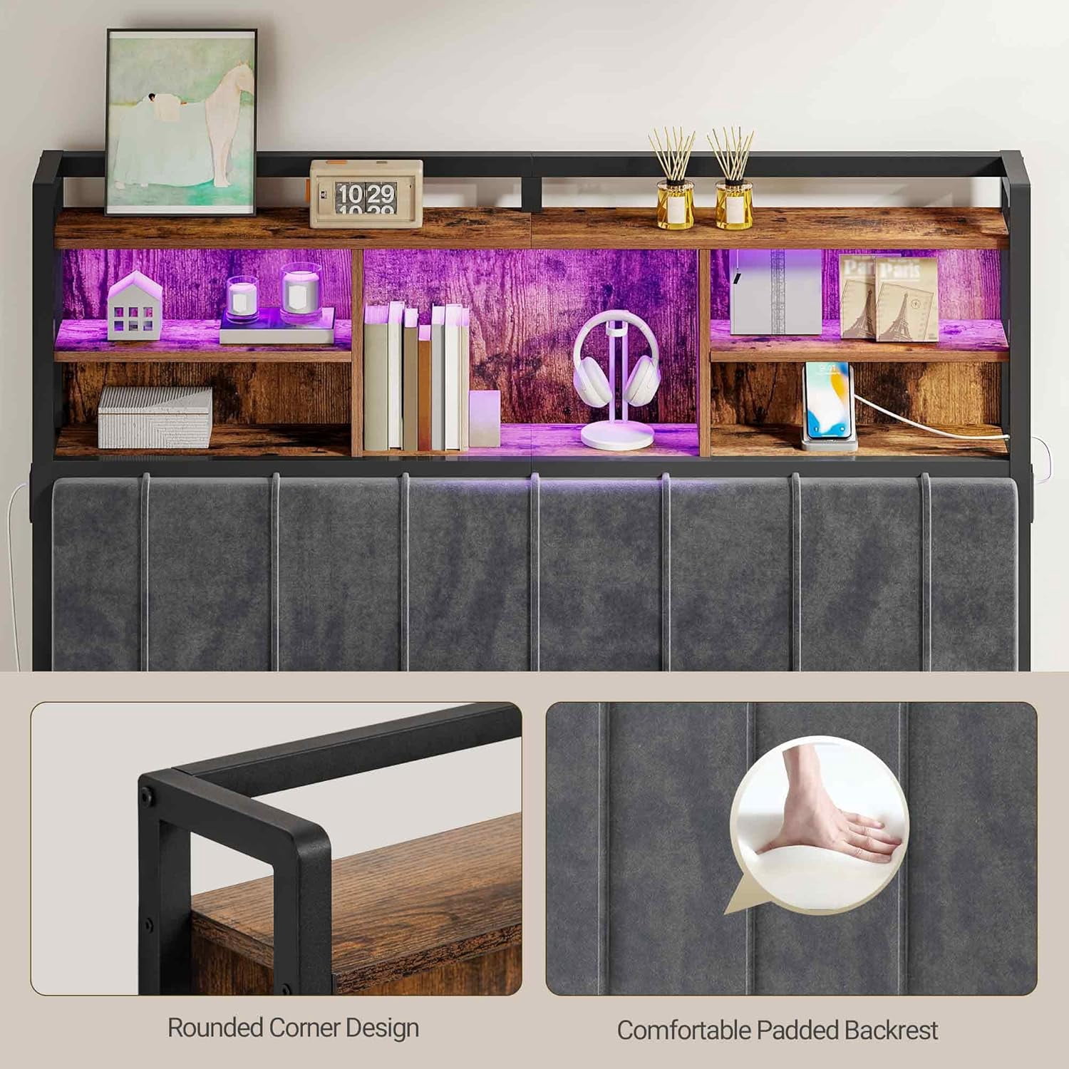 Headboard with 3-Tier Storage Shelves, Velvet Upholstered Head Board with 2 Outlets, USB Ports & LED Light, Soft Backrest for Full Size Bed, Rustic Brown and Black BH13801B