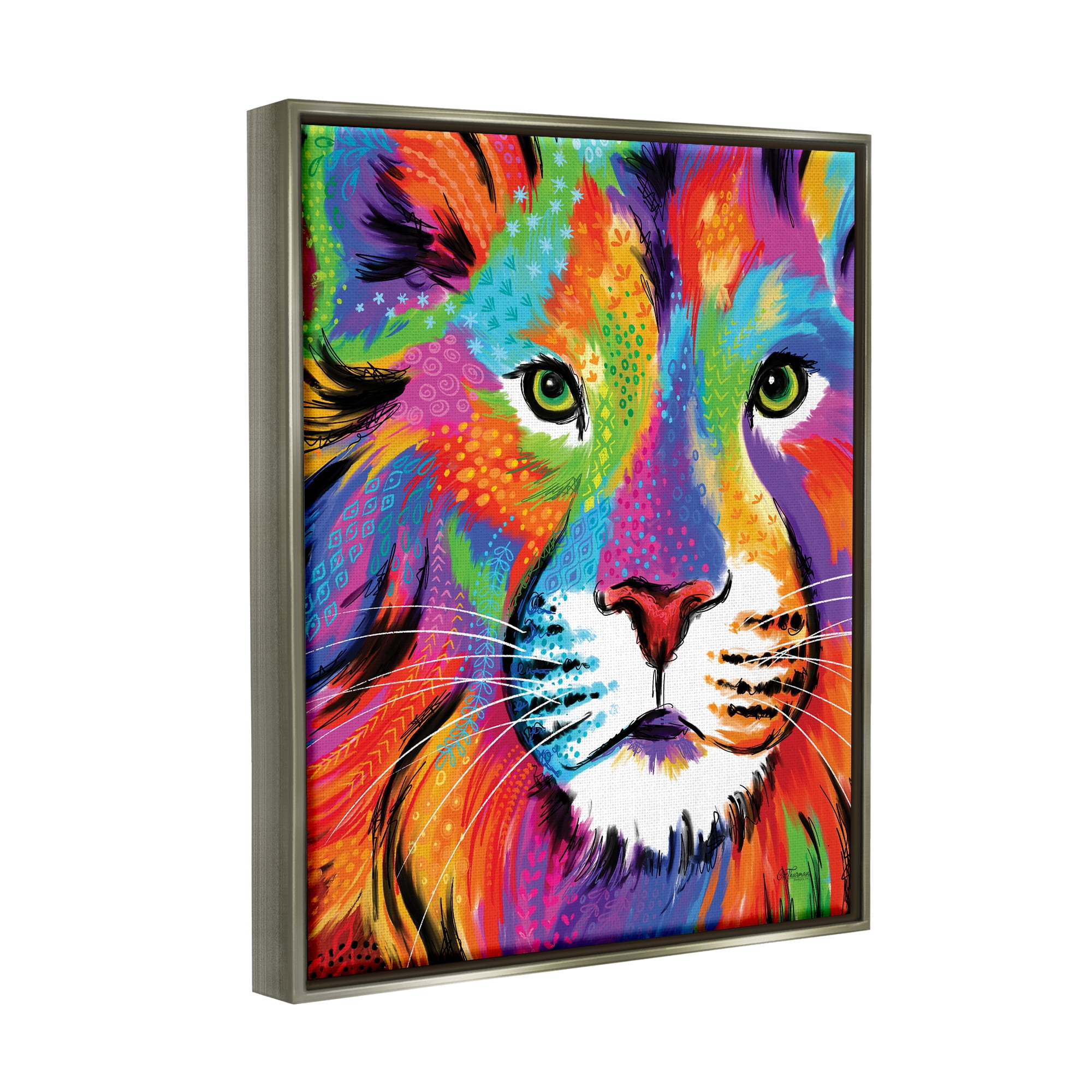 Stupell Industries Bold Hued Lion Portrait Animals & Insects Painting Gray Floater Framed Art Print Wall Art, 17 x 21