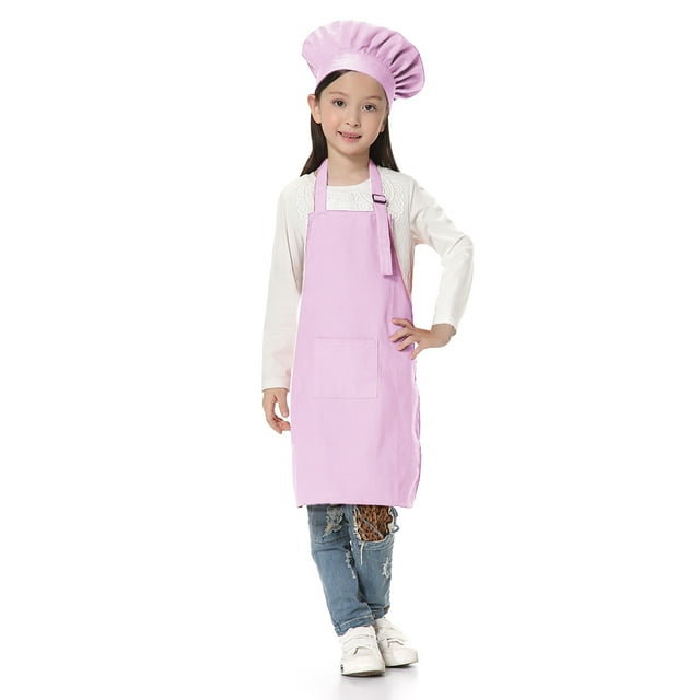 TOPTIE Kids Apron and Chef Hat Set, Adjustable Cotton Child Cooking Kitchen Apron, S-XXL-Light Pink-L