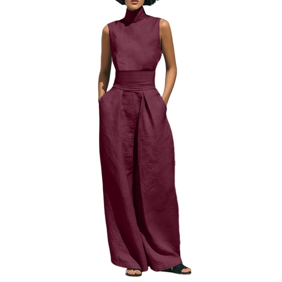 Guluxicc 2 Piece Women's Outfit Sets Turtleneck Sleeveless Top Wide Waistband High Waist Wide Leg Pants Casual Summer Sets