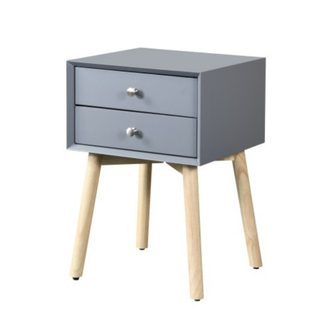 Side Table with 2 Drawers, Mid-Century Modern Nightstand with Rubber Wood Legs, Small Storage Cabinet for Bedroom Living Room, Gray