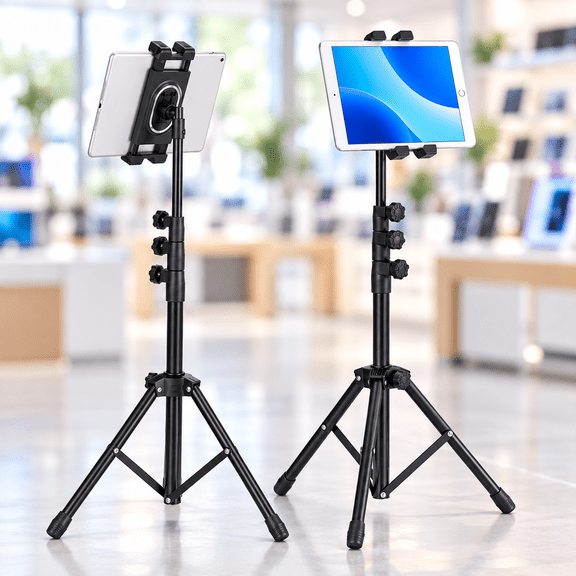 Adjustable Floor Tripod Tablet Stand Holder 4 Section Poles for iPad 12.9 Inch Phones Black