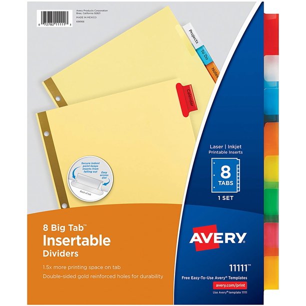 Binder Dividers, Insertable Multicolor Big Tabs, 1 Set (11111