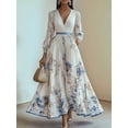 thumbnail image 4 of Women'S V Neck Floral Printed Pleated Dress Long Sleeve Flowy A Line Party Maxi Cocktail Dresses White L, 4 of 7