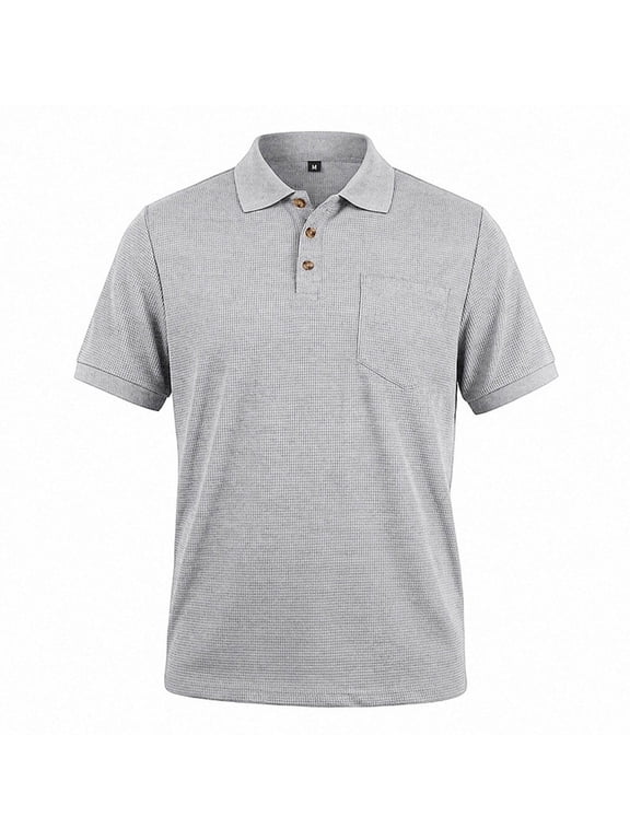 Mens Short Sleeve Waffle Knit Collared Three Button Chest Pocket Relaxed Top for Backyard Casual Gatherings Gray XL