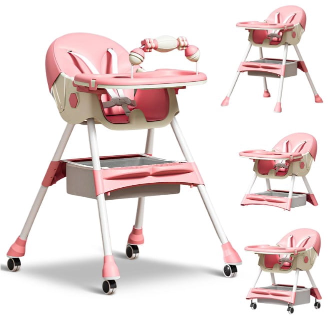LHUAI, Foldable Baby High Chair, 4 in 1 Convertible High Chairs, With 5-Point Safety Harness, Adjustable Dining Tray & Backrest & Height, Easy To Clean Surface, For Babies And Toddlers, Pink