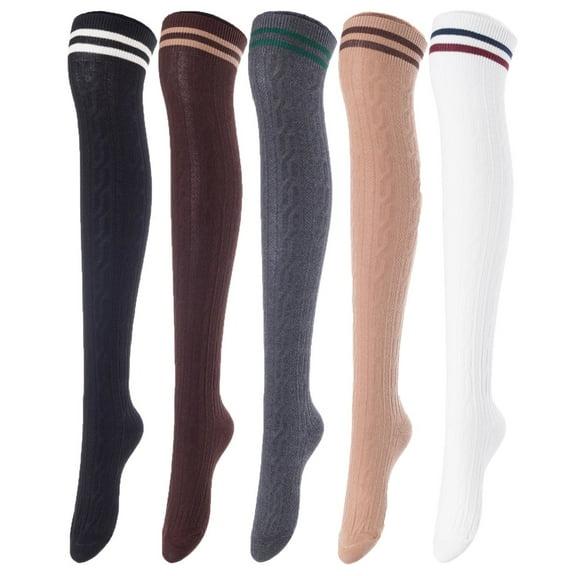 Lovely Annie Women's 5 Pairs Incredible Durable Super Soft Unique Over Knee High Thigh High Cotton Socks Size 6-9 A1023Black,Coffee,DG,Khaki,White