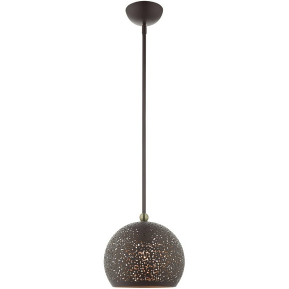 1 Light Bronze Pendant light Hanging Light Fixture with Bronze Filigreed Ornamental Metal with Gold finish Inside Shade
