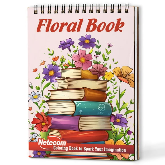 Netecom Floral Book Coloring Book Spiral Bound for Adults, A5 Wooden Cover, 30 Large Print Coloring Pages of Book and Flower for Stress Relief and Relaxation