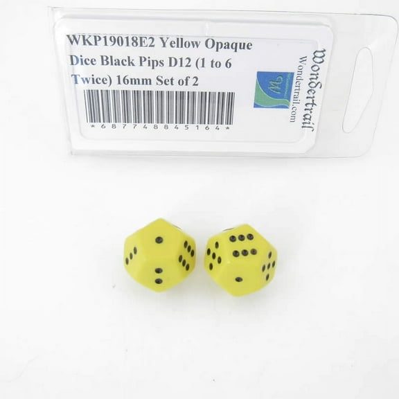 Yellow Opaque Dice with Black Pips D12 (1 to 6 Twice) 16mm (5/8in) Set of 2 Wondertrail
