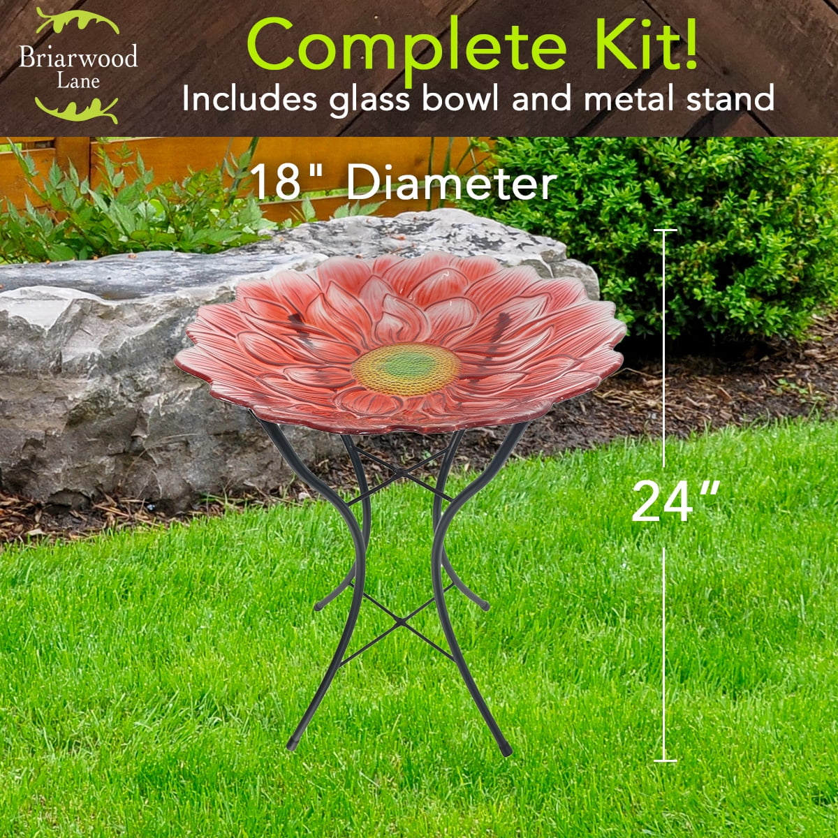 Briarwood Lane Everyday Glass Birdbath Including Metal Stand Red Daisy Birdbath