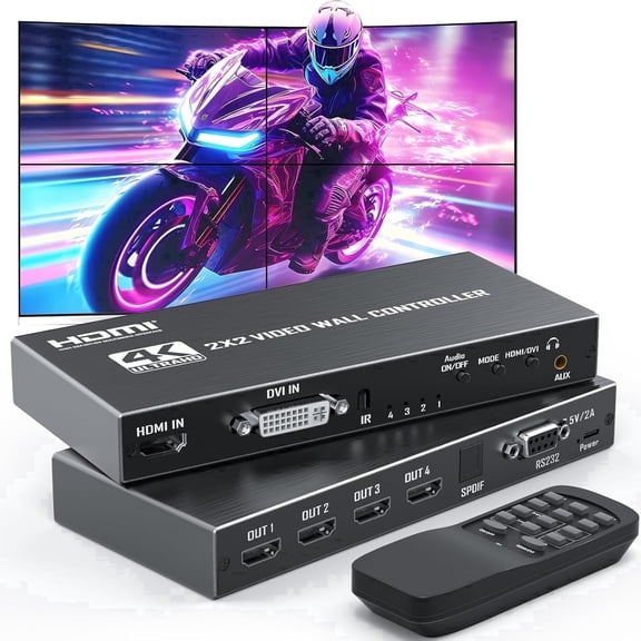 HDMI Video Wall Controller 2x2 4K, supports 11 splicing modes , RS232 control, 180° rotation, audio extraction, combines 4 TVs into a single seamless video wall