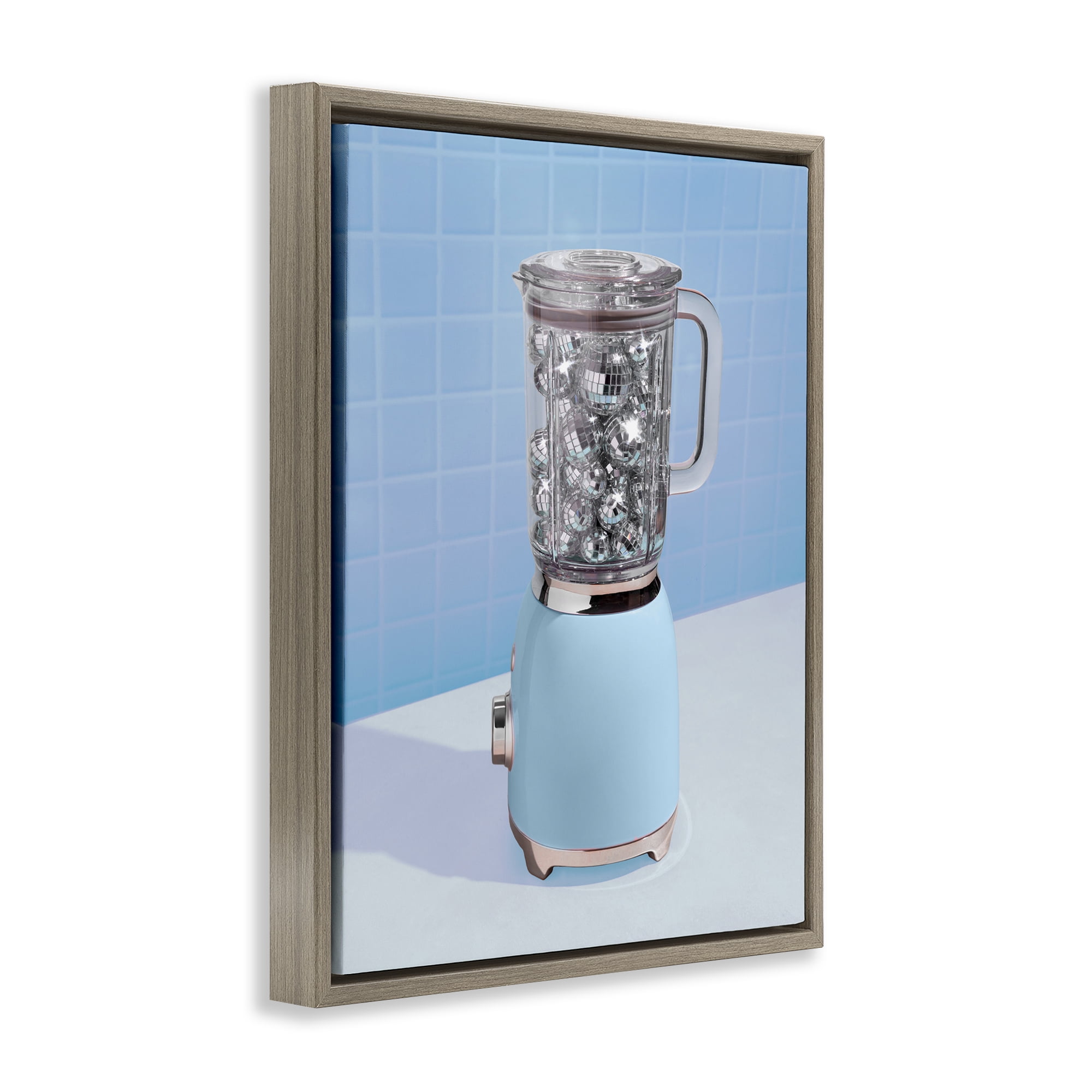 Blue Retro Disco Blender Brown Framed Floater Canvas Wall Art, design by LISH Creative