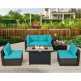 thumbnail image 4 of Costway Ensemble de Mobilier de Patio 6 Pcs en Rotin avec Coussins, Table de Foyer au Gaz Turquoise, 4 of 10