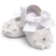 thumbnail image 4 of Baby Girls Soft Sole Floral Mary Jane Flats Infant Princess Prewalkers Toddler Wedding Dress Shoes with Headband, 4 of 6