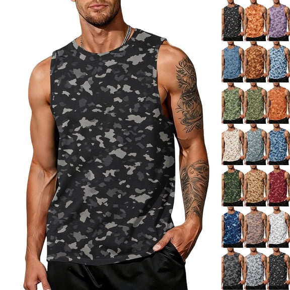 Mens Camo Tank Top Fashion Athletic Gym Bodybuilding Fitness Sleeveless Shirts Quick Dry Sports Running Workout Shirt,L,Black