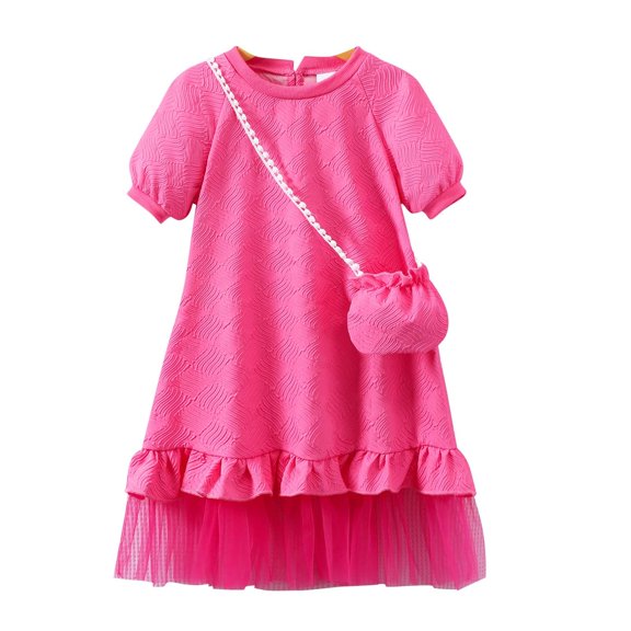 Glisme Fashion Girls Dresses Size 4-5 Y Toddler Solid Color Dress With Mesh Insert Bag Set Summer Casual Wear Lightweight And Stylish Watermelon Red Sundress For Girl