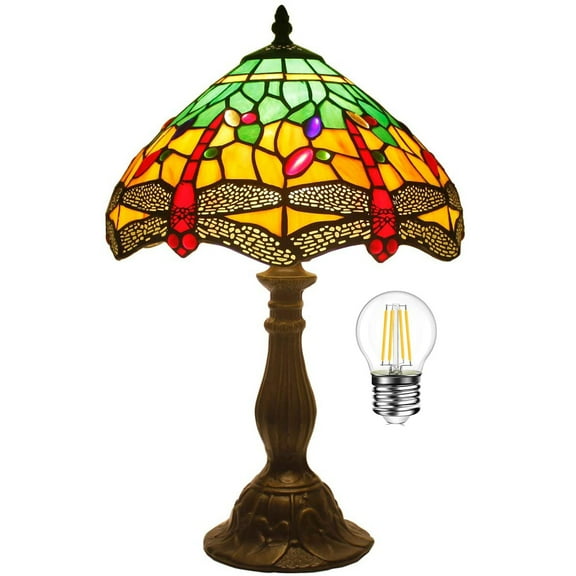 Tiffany Table Lamp Bedside Lamp Green Yellow Stained Glass Dragonfly Style Antique Desk Light 18"Tall Living Room Bedroom Vintage Library Banker Victorian Memory Sympathy WERFACTORY LED Bulb Better